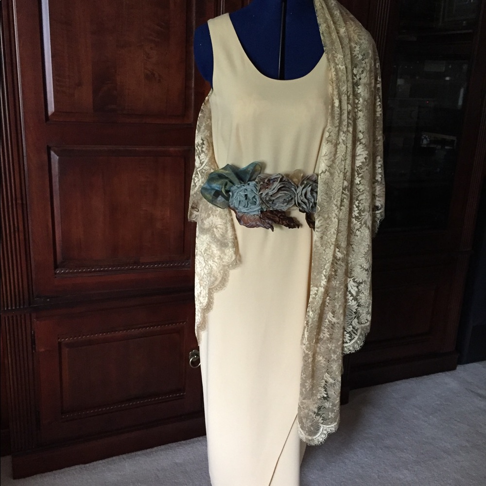 Exquisite sheath dress with silk shawl and two belts to dress up or down